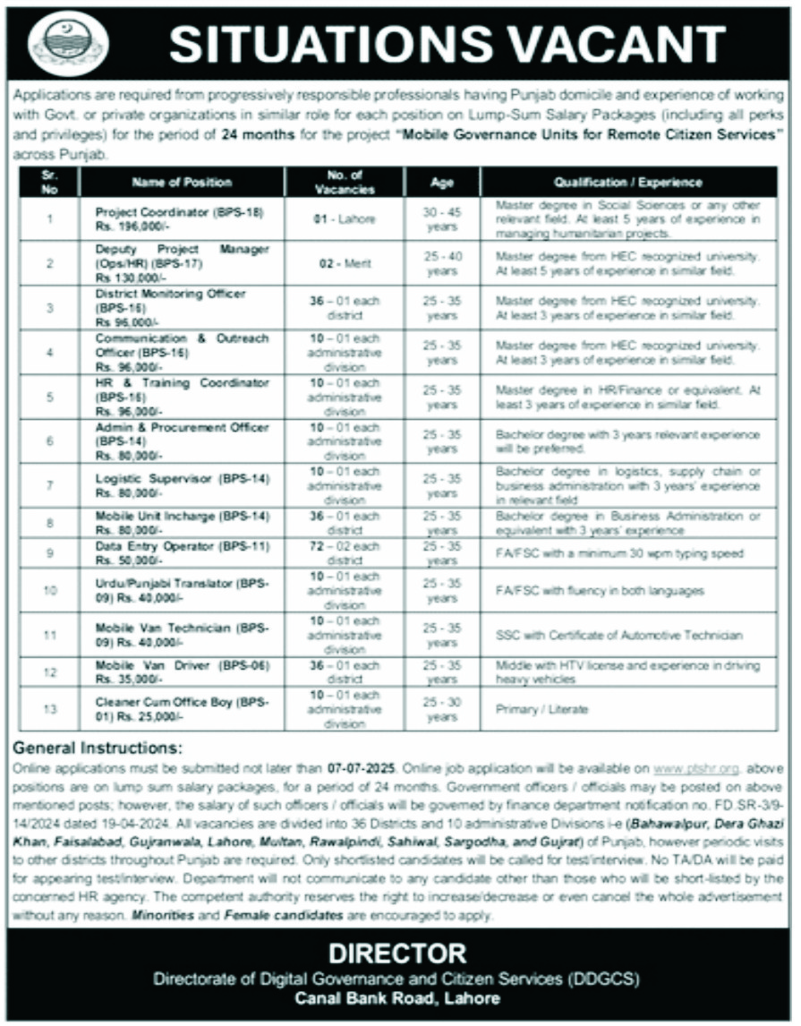 Staff Jobs in Directorate of Digital Governance and Citizen Services Lahore